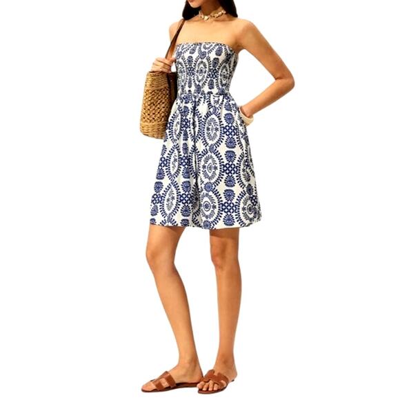 Commense Women's Medium Blue White Strapless Floral Collarless Mini Woven Dress - Picture 5 of 8